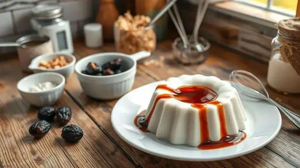 Preparing Brazilian coconut pudding with prune sauce