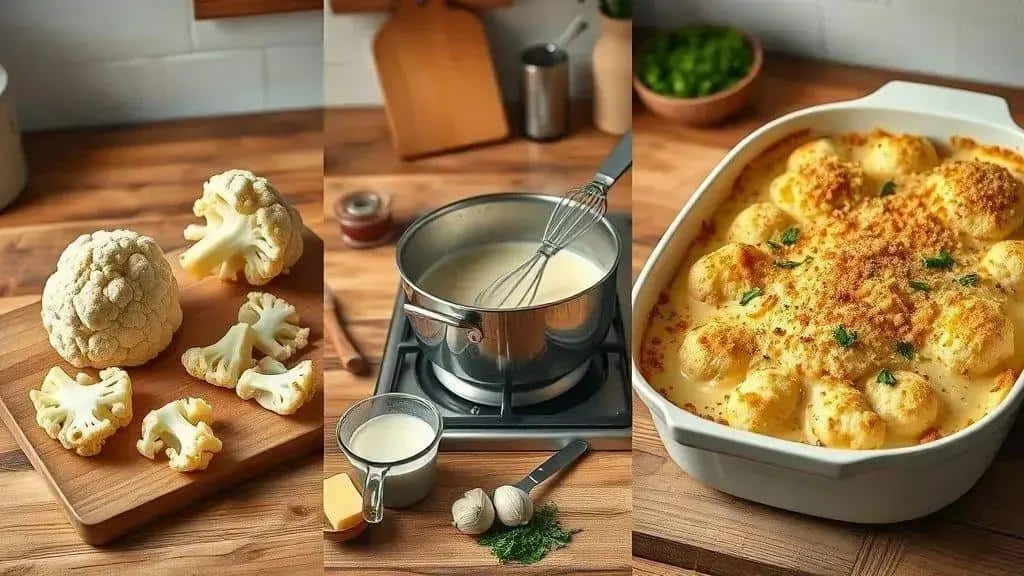 Preparing cauliflower and cheese sauce for baking