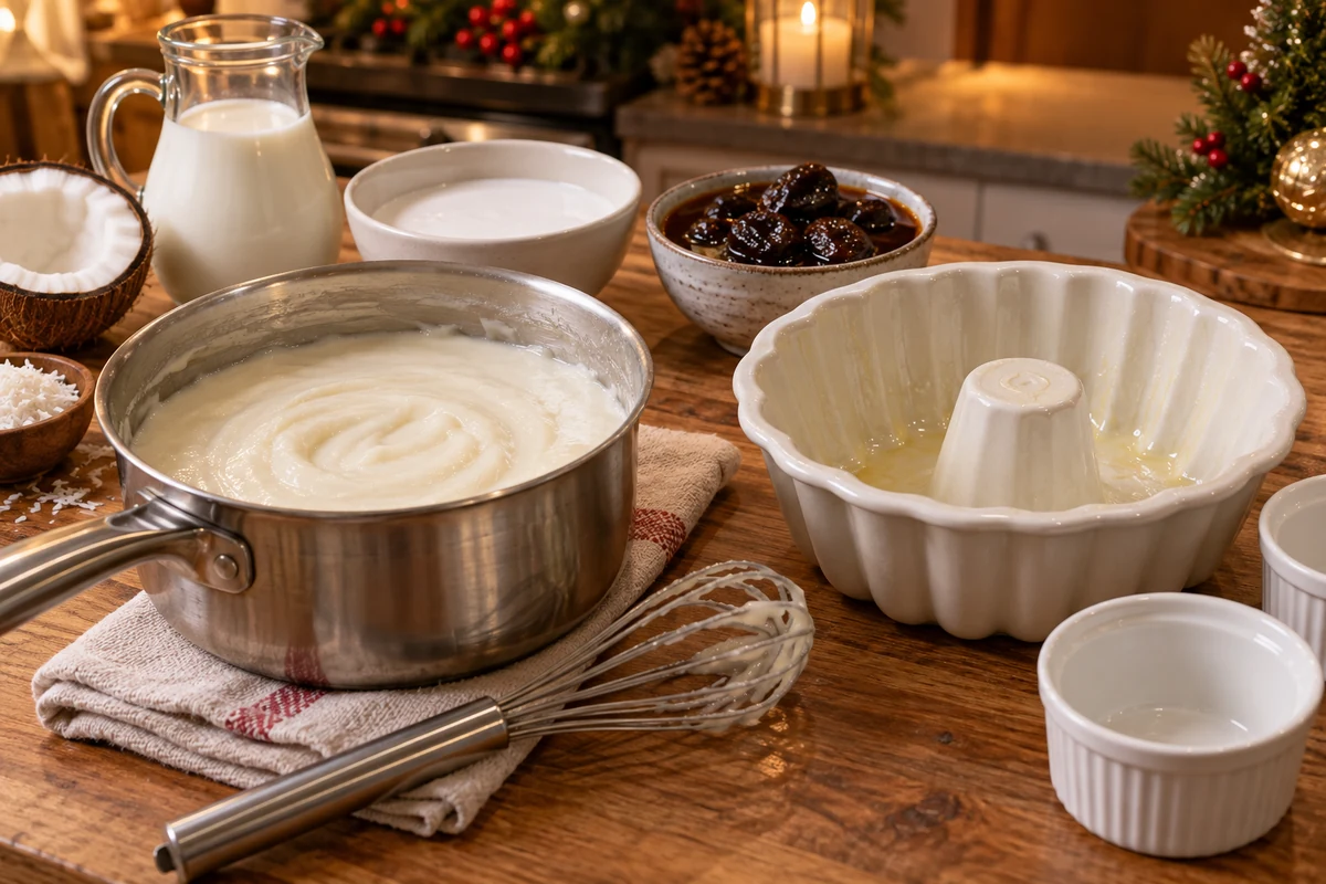Preparing coconut pudding in a saucepan
