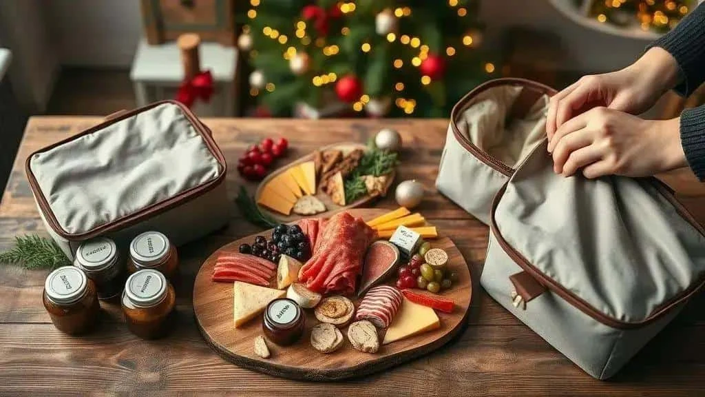 Preparing covered food containers and a cool bag for a sharing board