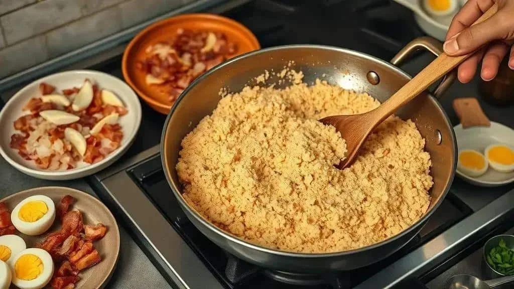 Preparing farofa in a pan