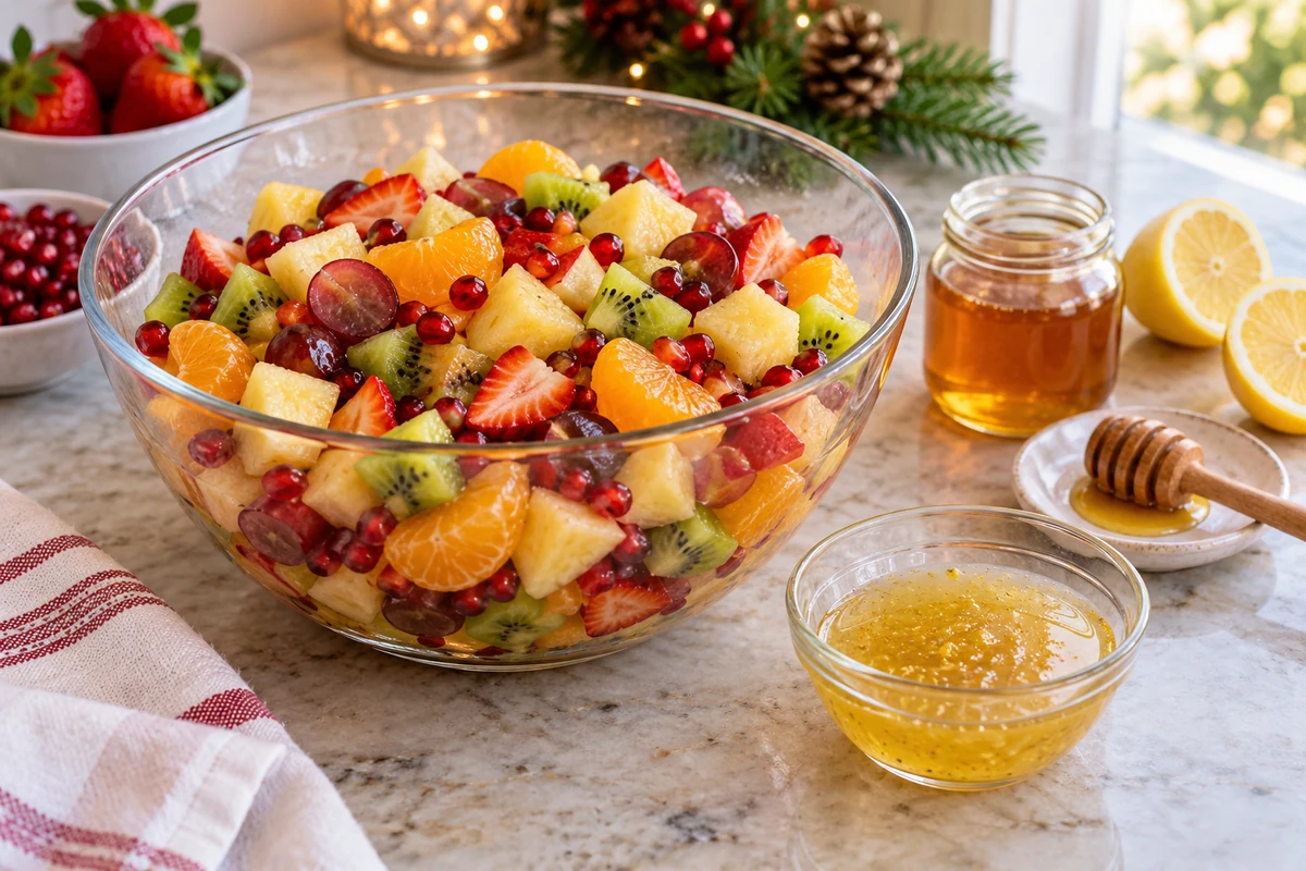 Preparing fruit salad with honey and lemon dressing Preparing fruit salad with honey and lemon dressing