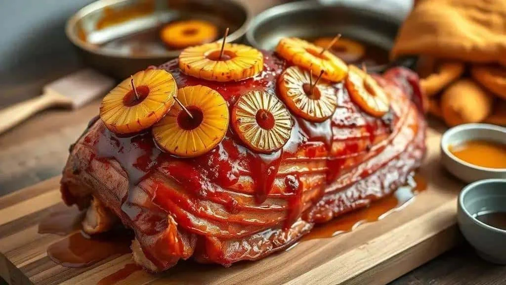 Preparing glazed ham with pineapple Preparing glazed ham with pineapple