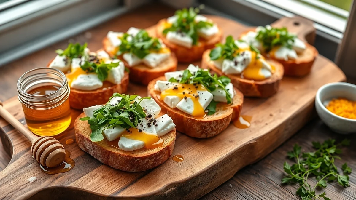 Preparing goat's cheese and honey toasts Preparing goat's cheese and honey toasts