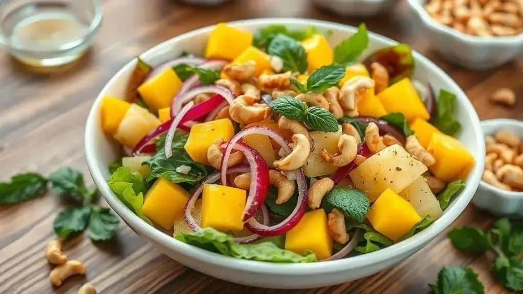Preparing mango and pineapple salad with fresh leaves Preparing mango and pineapple salad with fresh leaves