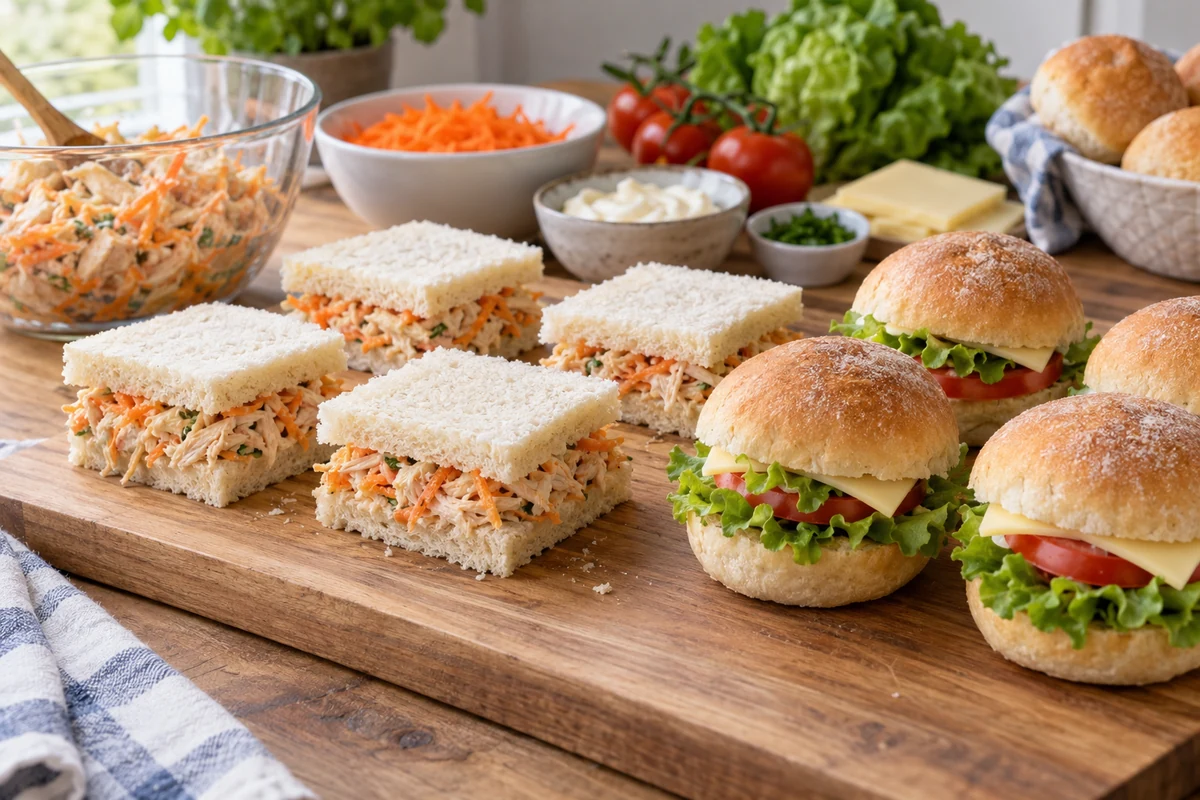Preparing mini sandwiches on a clean worktop