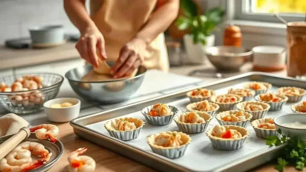 Preparing pastry cases and prawn filling in small tins