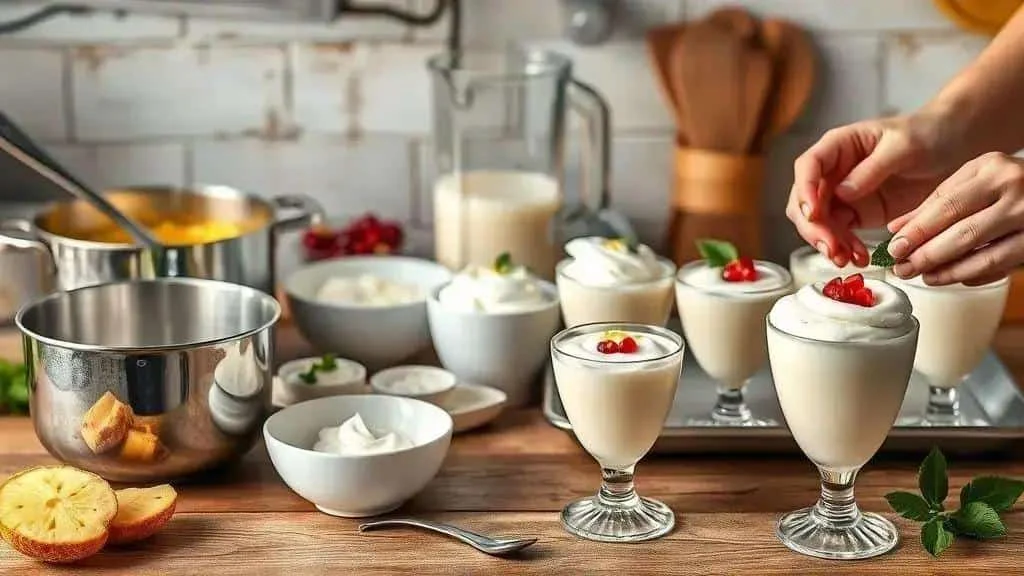 Preparing pineapple cream dessert in individual glasses Preparing pineapple cream dessert in individual glasses
