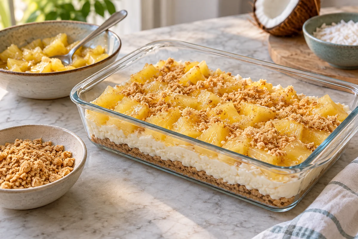 Preparing pineapple pave with crumb layers Preparing pineapple pave with crumb layers