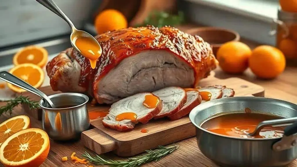 Preparing pork loin with orange and herbs