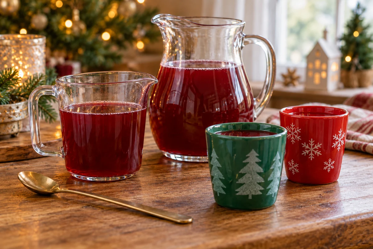 Preparing red fruit juice in plain jugs and colourful cups