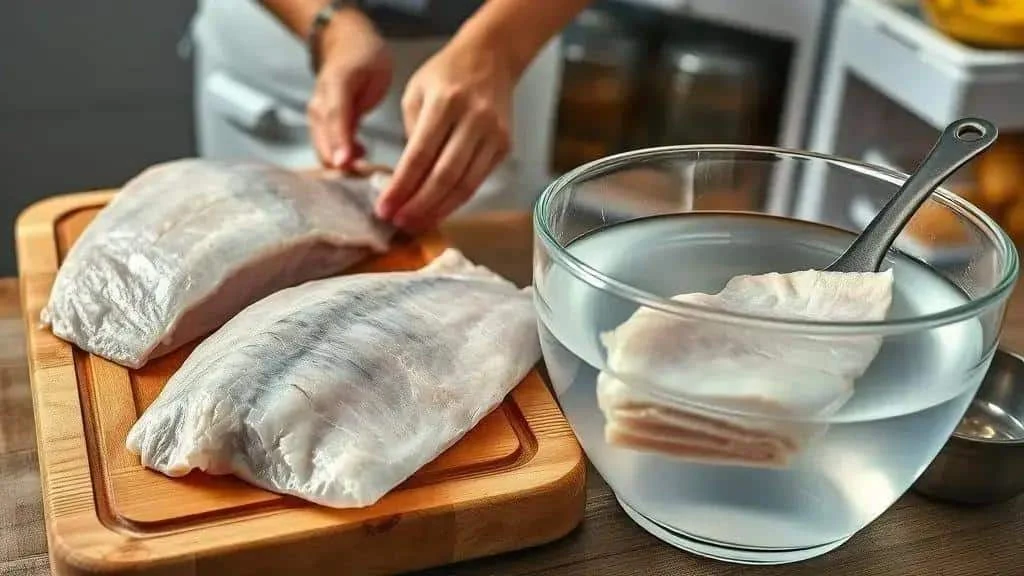 Preparing salt cod fillets and soaking them in water Preparing salt cod fillets and soaking them in water