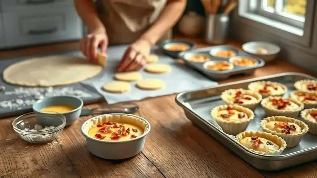 Preparing small pastry cases for quiches Preparing small pastry cases for quiches