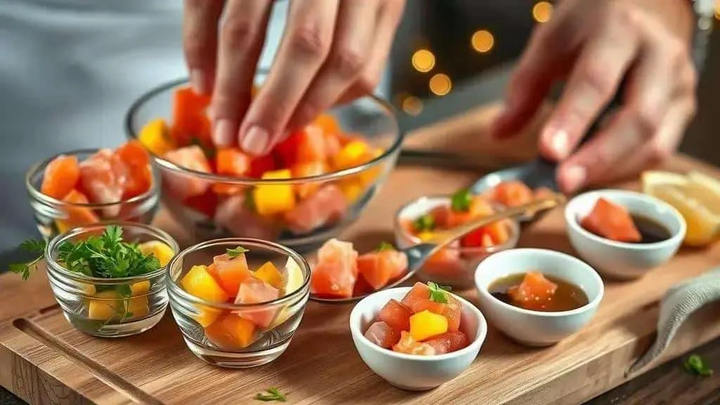 Preparing small salmon and mango starter portions