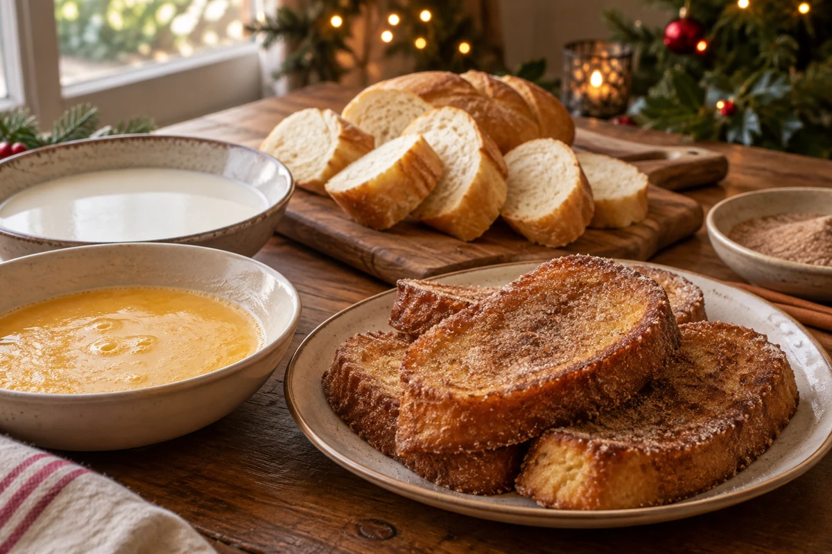 Preparing soaked bread slices for Christmas rabanada Preparing soaked bread slices for Christmas rabanada