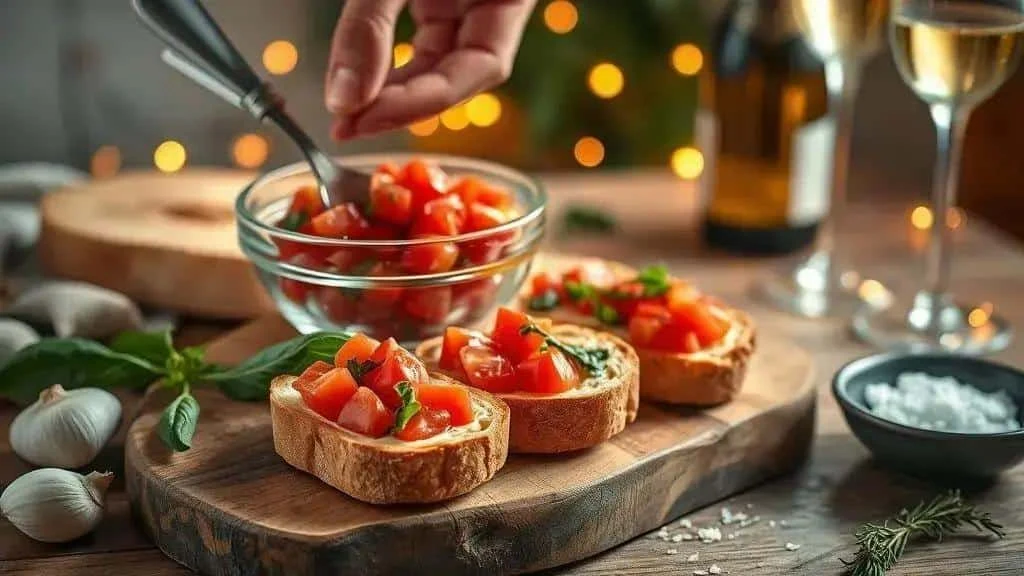 Preparing tomato bruschetta on toasted bread