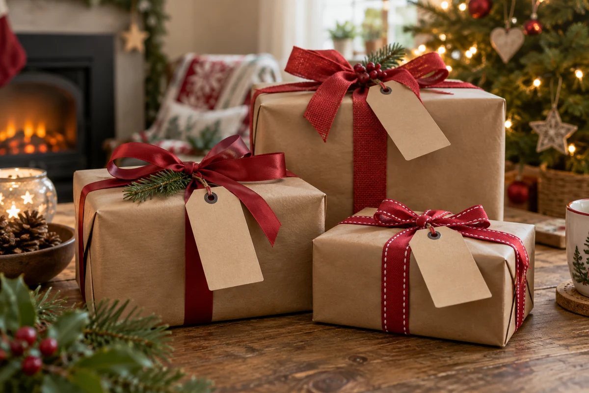Presents wrapped in brown paper with red ribbons