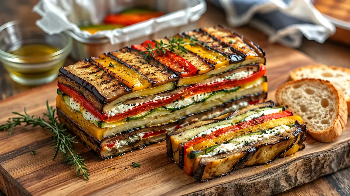 Pressed grilled vegetable terrine with thin layers of cream cheese