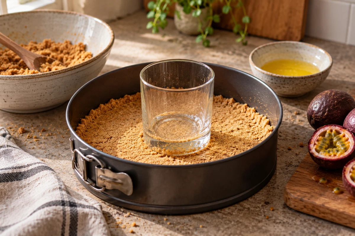 Pressing biscuit crumbs into a cheesecake tin with a glass Pressing biscuit crumbs into a cheesecake tin with a glass