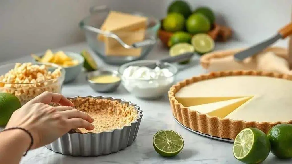 Pressing biscuit crumbs into a lime tart tin Pressing biscuit crumbs into a lime tart tin