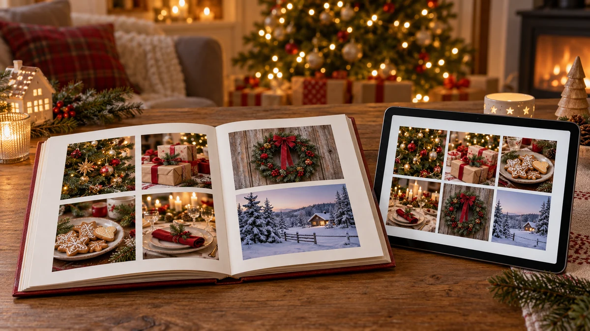 Printed Christmas photo album beside a digital photo gallery Printed Christmas photo album beside a digital photo gallery