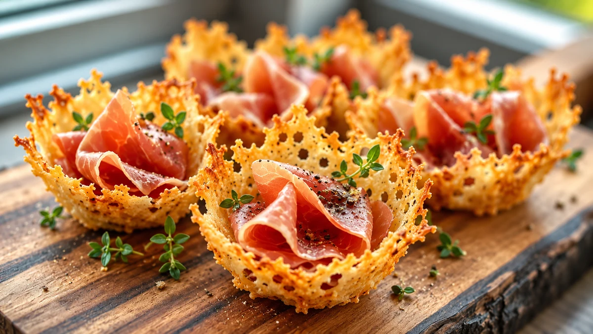 Prosciutto in golden lacy Parmesan baskets