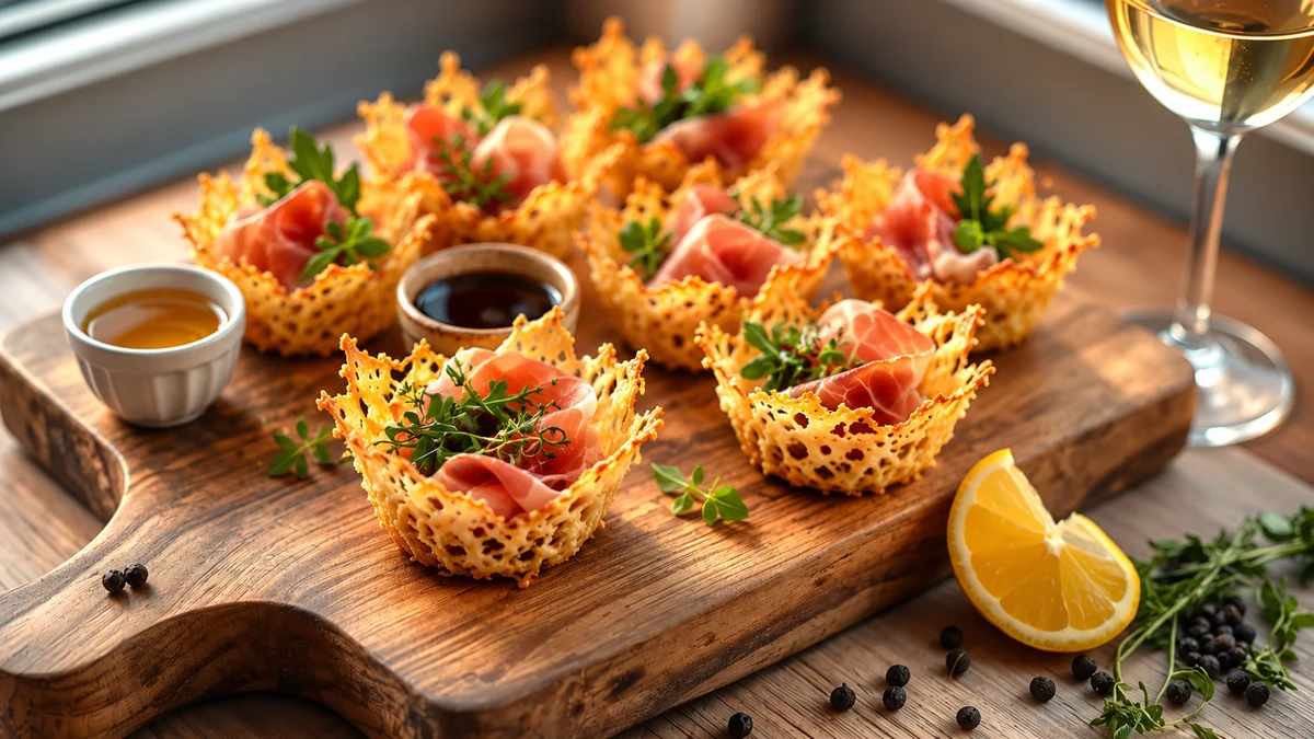 Prosciutto Parmesan baskets arranged on a serving board Prosciutto Parmesan baskets arranged on a serving board