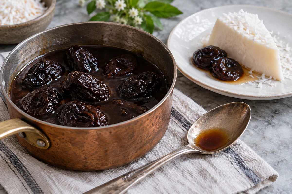 Prune syrup in a saucepan beside coconut blancmange Prune syrup in a saucepan beside coconut blancmange