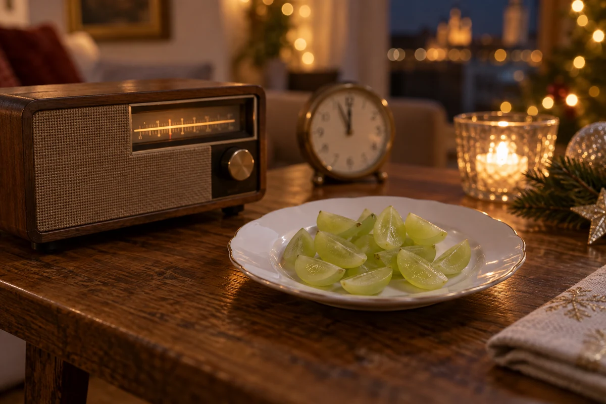 Quartered green grapes beside a radio for a New Year countdown Quartered green grapes beside a radio for a New Year countdown