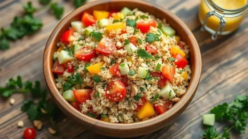 Quinoa and vegetable salad in a serving bowl