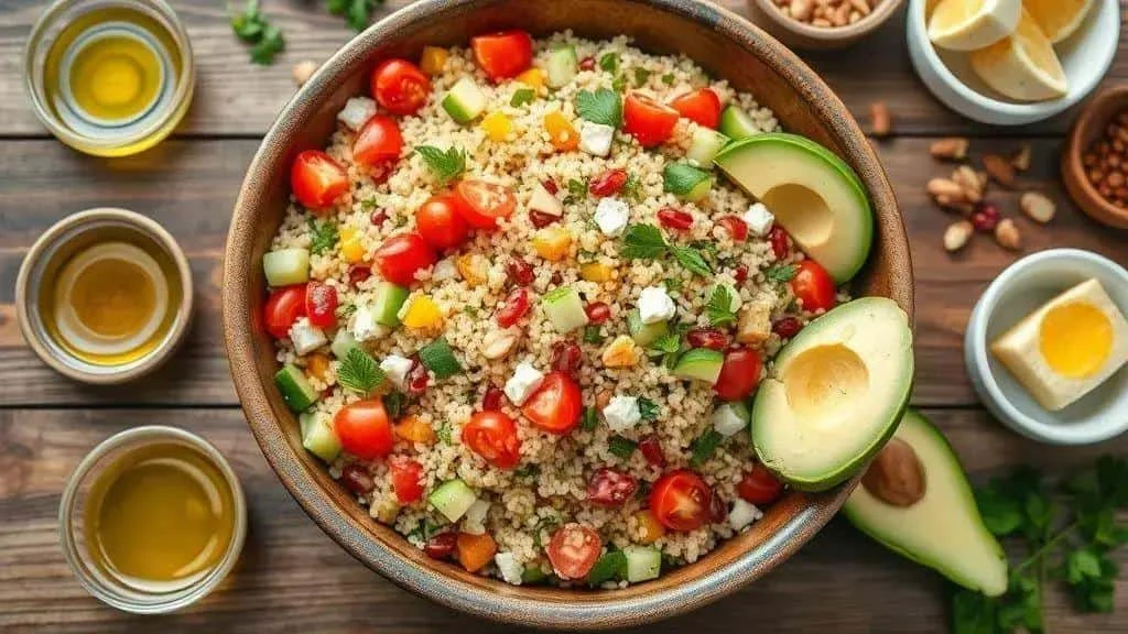 Quinoa salad with cucumber tomatoes and avocado