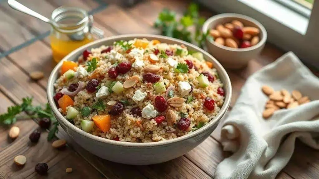 Quinoa salad with dried fruit cheese cucumber and nuts