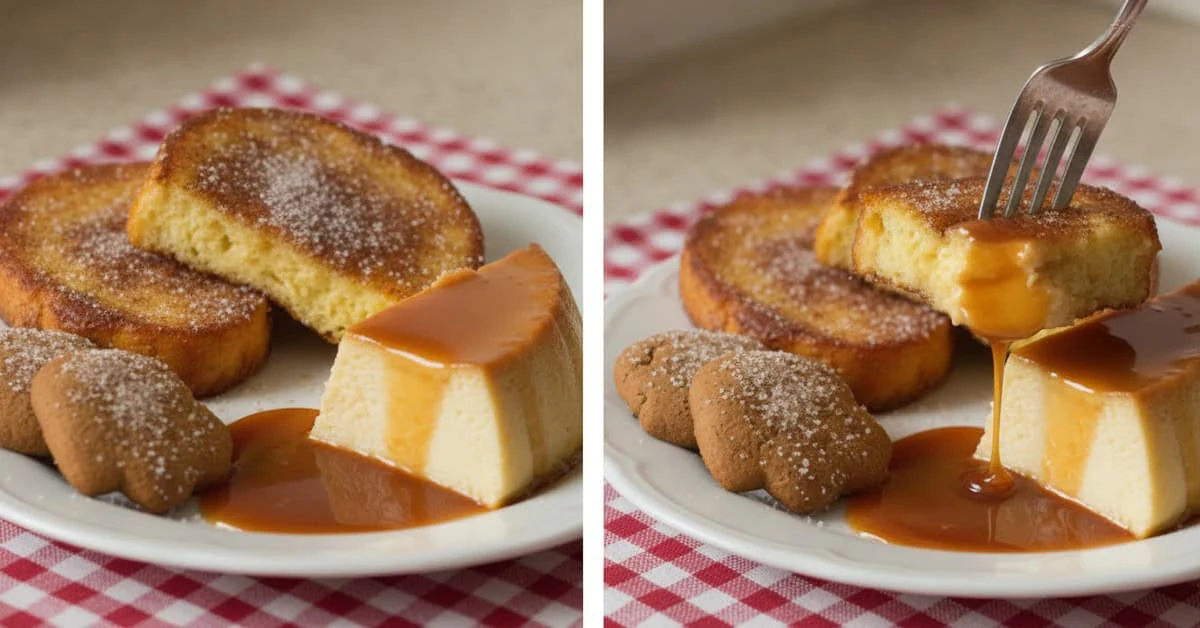 Rabanada and caramel pudding in two serving views