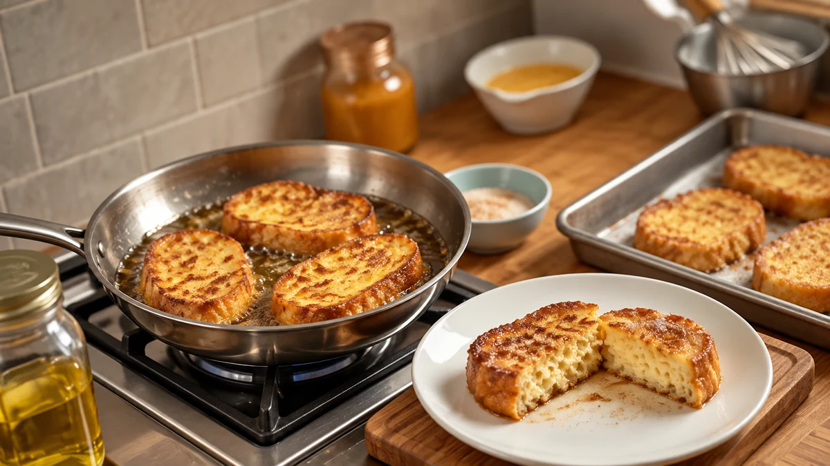 Rabanada frying in one pan beside a cooked slice cut in half