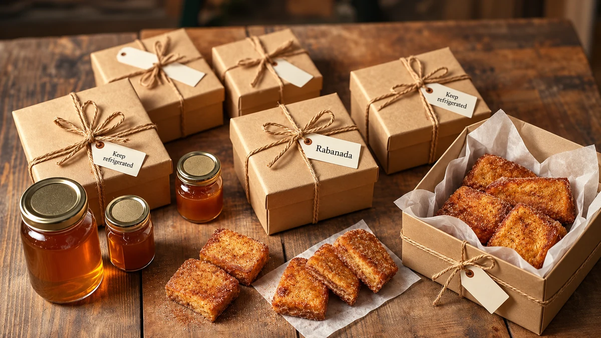 Rabanada in lined gift boxes with refrigeration reminder tags