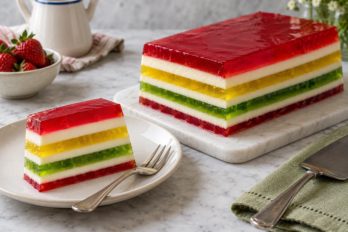Rainbow jelly with alternating fruit and milk layers Rainbow jelly with alternating fruit and milk layers