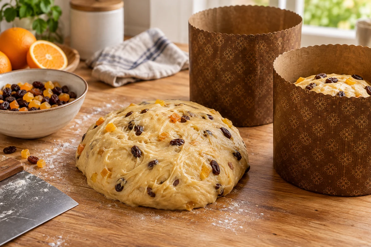Raisin and candied fruit dough beside paper panettone moulds