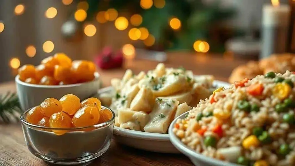 Raisins apple potato salad and colourful Brazilian festive rice