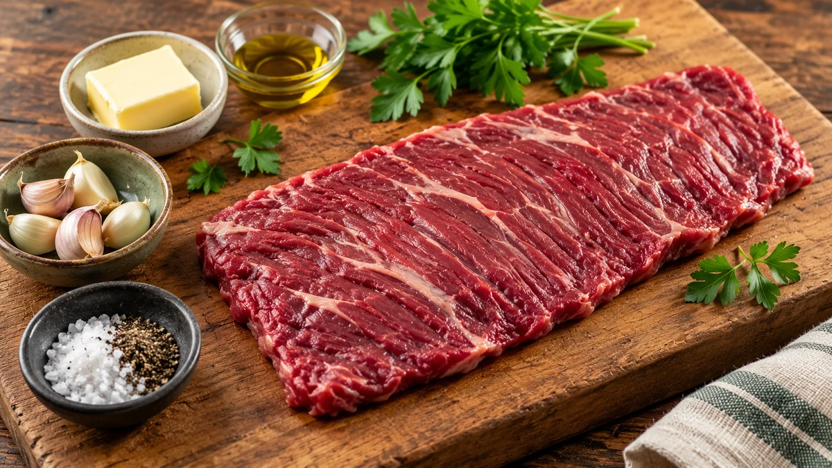 Raw bavette steak with garlic and butter ingredients