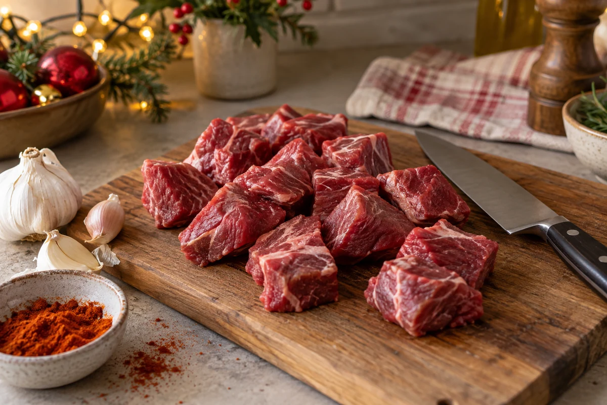 Raw boneless beef chuck cubes on a chopping board beside garlic, paprika and a plain kitchen knife