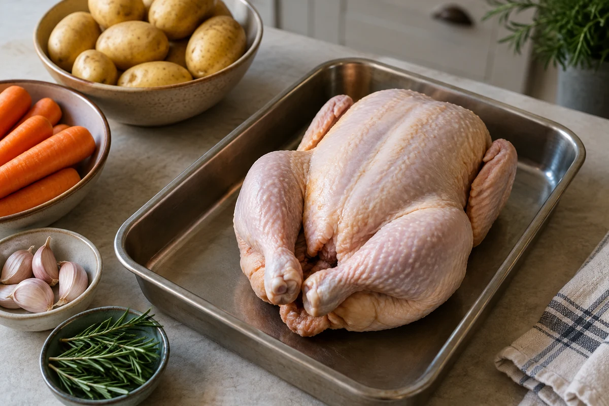 Raw chicken and vegetables on separate boards