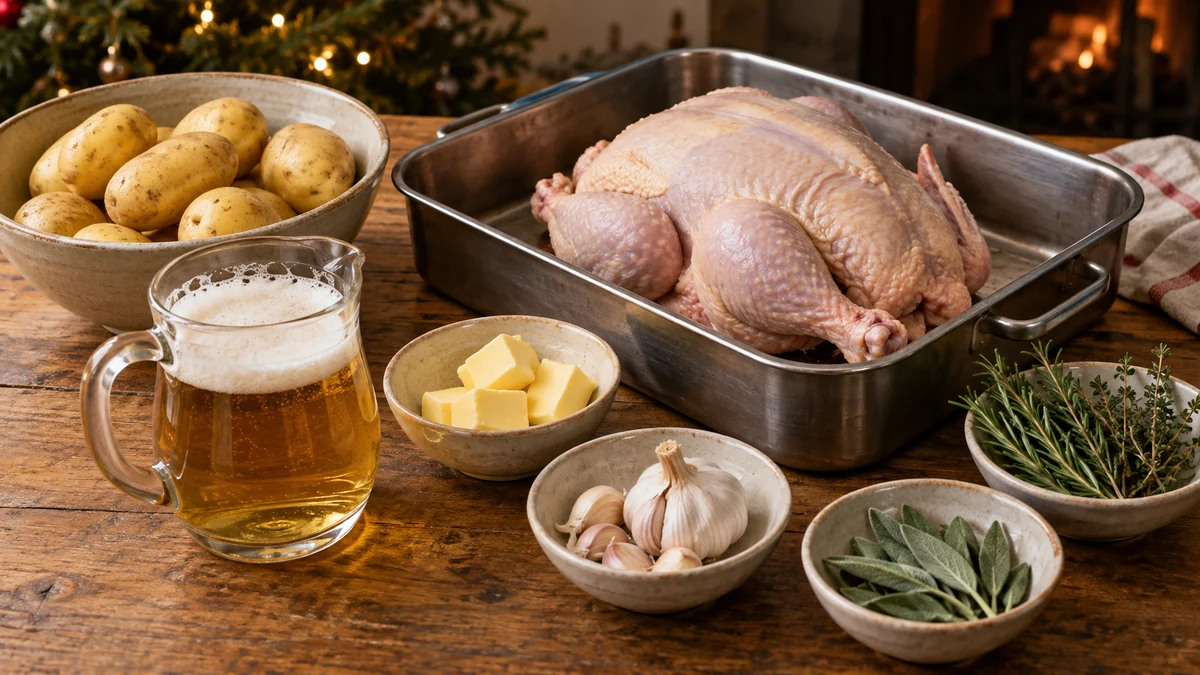 Raw chicken in a tray with separate beer potatoes and herbs