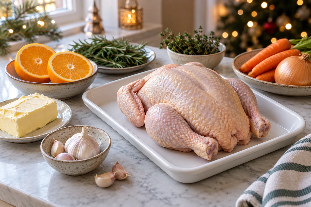 Raw chicken with citrus and herb preparation ingredients