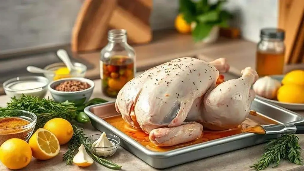 Raw chicken with lemon and herb marinade ingredients