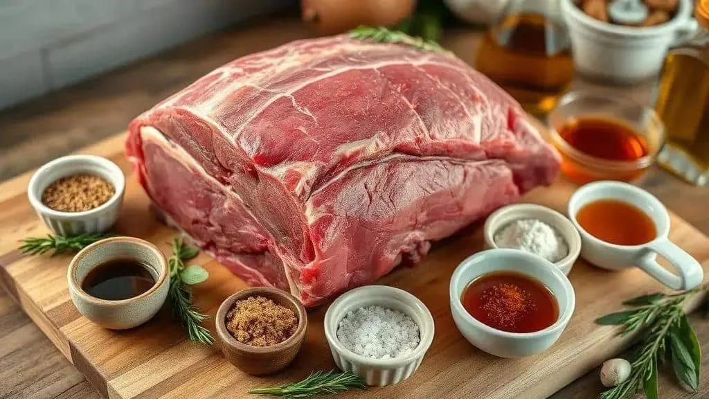 Raw marbled cupim beef joint with garlic and marinade ingredients Raw marbled cupim beef joint with garlic and marinade ingredients
