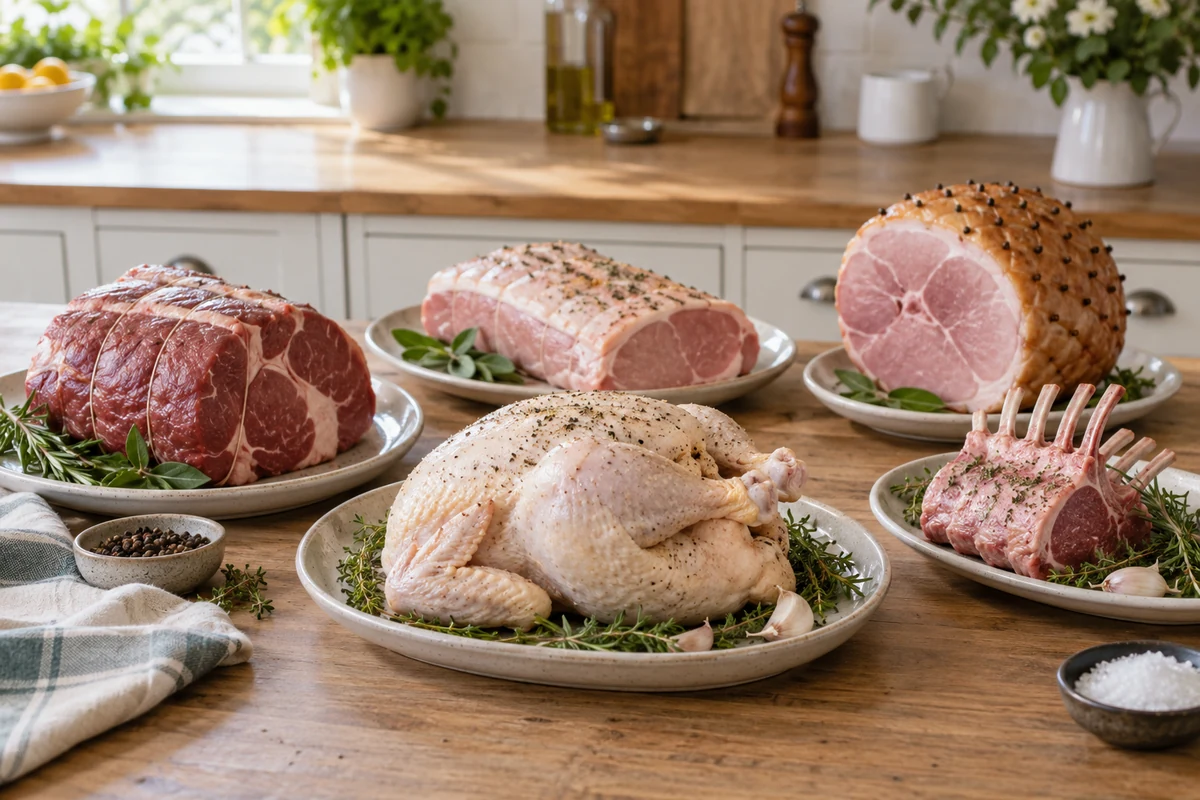 Raw meats arranged on separate platters