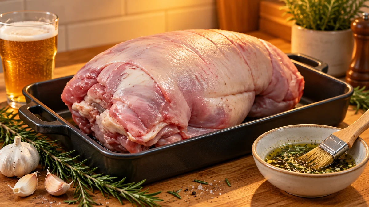 Raw pork joint in a roasting tin with herb marinade and a pastry brush Raw pork joint in a roasting tin with herb marinade and a pastry brush