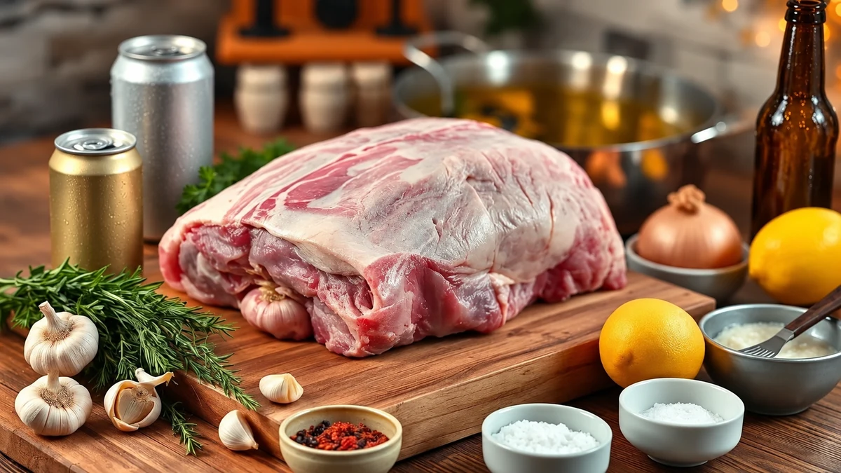 Raw pork leg joint with garlic, herbs, beer and citrus Raw pork leg joint with garlic, herbs, beer and citrus
