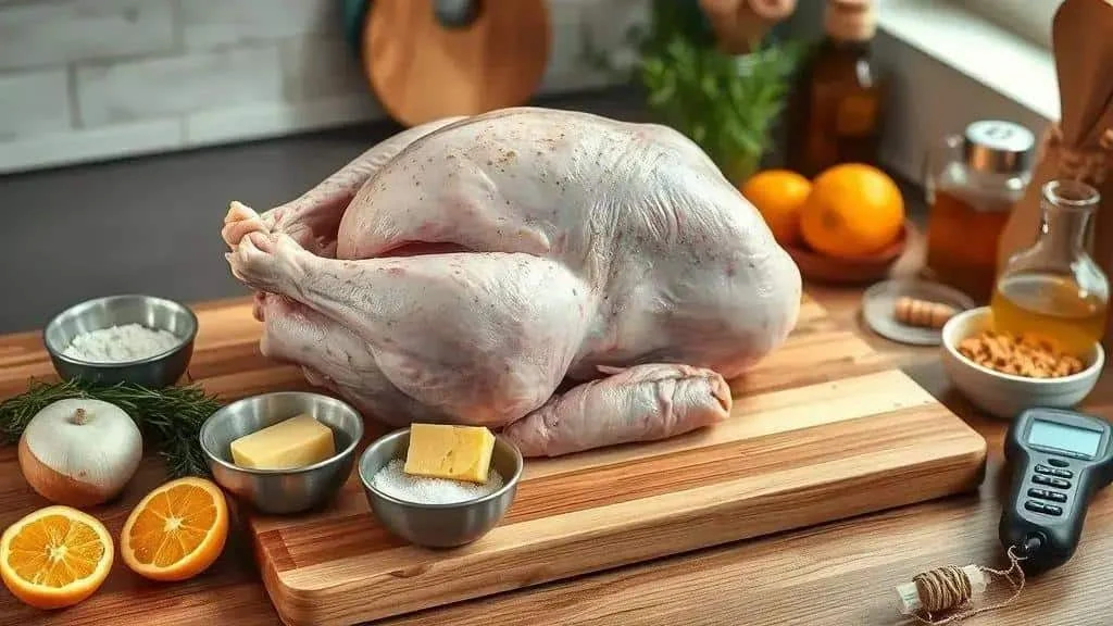 Raw turkey on a board ready for preparation