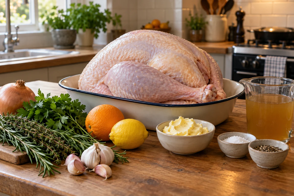 Raw turkey with separate bowls of seasoning ingredients